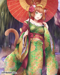 Rule 34 | 1girl, animal ears, bare shoulders, brown hair, cat ears, cat girl, cat tail, collarbone, female focus, flower, frilled sleeves, frills, green eyes, hair flower, hair ornament, hair stick, hinariaoba, japanese clothes, kimono, obi, open mouth, original, sash, short hair, smile, solo, tail, traditional clothes, umbrella, yukata