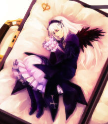 Rule 34 | 00s, 1girl, black wings, boots, bow, closed eyes, female focus, flower, full body, gothic lolita, hairband, hironox, lolita fashion, long hair, lying, on side, ribbon, rose, rozen maiden, sleeping, solo, suigintou, white hair, wings