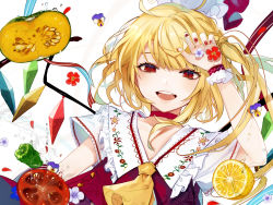 Rule 34 | 1girl, :d, ascot, bell pepper, blonde hair, blue flower, blue ribbon, blush, choker, commentary, crystal, daimaou ruaeru, eyelashes, fangs, fingernails, flandre scarlet, floral print, flower, food, frilled shirt collar, frills, fruit, green pepper, hand up, hat, hat ribbon, highres, lemon, looking at viewer, mob cap, nail polish, one side up, open mouth, pepper, petals, purple flower, red choker, red eyes, red flower, red nails, red ribbon, ribbon, short hair, short sleeves, side ponytail, simple background, slit pupils, smile, solo, squash, tomato, touhou, unworn hat, unworn headwear, upper body, vest, water, water drop, white background, white hat, wings, wrist cuffs, yellow ascot, yellow flower