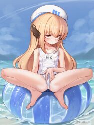 Rule 34 | 1girl, absurdres, alternate costume, anus, ball, beachball, blonde hair, breasts, character name, full body, girls&#039; frontline, hat, highres, long hair, one-piece swimsuit, pussy, red eyes, school swimsuit, small breasts, solo, spread legs, spread pussy, suitshark, swimsuit, type 80 (girls&#039; frontline), white hat, white one-piece swimsuit