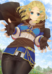 Rule 34 | 1girl, aisawa natsu, black gloves, blonde hair, blue eyes, blush, braid, breasts, cape, commentary request, crown braid, day, fingerless gloves, from below, gloves, hair ornament, hairclip, highres, long hair, long sleeves, looking at viewer, medium breasts, nintendo, outdoors, pointy ears, princess zelda, short hair, smile, solo, the legend of zelda, the legend of zelda: breath of the wild, the legend of zelda: tears of the kingdom, triforce