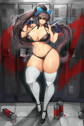 Rule 34 | 1girl, absurdres, black bra, black hair, blush, bow, bra, breasts, cleavage, curvy, dorothy (gurimjang), fingerless gloves, gloves, gurimjang, hair between eyes, hair bow, high ponytail, highres, huge breasts, lingerie, locker, long hair, looking at viewer, original, paint can, red eyes, sidelocks, smile, solo, standing, thick thighs, thighhighs, thighs, underwear, very long hair, white thighhighs, wide hips
