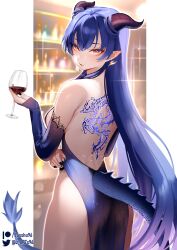 Rule 34 | 1girl, back, back tattoo, bare shoulders, blue dress, blush, breasts, dragon girl, dragon horns, dragon tail, dress, highres, horns, large breasts, long hair, looking at viewer, open mouth, orange eyes, pointy ears, smile, solo, tail, tattoo, twitter logo, virtual youtuber, zasshu