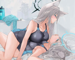 Rule 34 | 2girls, animal ear fluff, animal ears, asymmetrical docking, black one-piece swimsuit, blue archive, blue eyes, blue one-piece swimsuit, blue scarf, blush, breast press, breasts, collarbone, competition swimsuit, cross hair ornament, dema hmw, duplicate, extra ears, girl on top, grey hair, hair ornament, halo, large breasts, long hair, lying, lying on person, medium breasts, multiple girls, on back, one-piece swimsuit, pixel-perfect duplicate, scarf, unworn scarf, selfcest, shiroko (blue archive), shiroko (swimsuit) (blue archive), shiroko terror (blue archive), swimsuit, two-tone swimsuit, wolf ears, yuri