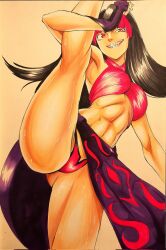 Rule 34 | 1girl, abs, arm around leg, armpits, bare legs, bikini, black hair, breasts, commentary, english commentary, fingerless gloves, gloves, grin, groin, han juri, high kick, highres, kicking, leg up, long hair, medium breasts, muscular, muscular female, navel, octavius (octavius dp), pink eyes, sharp teeth, simple background, sketch, smile, solo, stomach, street fighter, sweat, swimsuit, teeth, thick thighs, thighs, yellow background