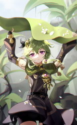 Rule 34 | 1girl, belt, cape, cocoil 82, collei (genshin impact), detached sleeves, falling petals, flower, forest, genshin impact, gold, green hair, highres, jewelry, md5 mismatch, nature, necklace, petals, purple eyes, sunlight, upper body