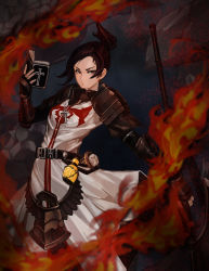 Rule 34 | 1girl, armor, axe, bad id, bad pixiv id, battle axe, belt, bible (object), black hair, book, brown eyes, cross, cross necklace, dungeon and fighter, female priest (dungeon and fighter), fingerless gloves, fire, flask, gauntlets, gloves, highres, holding, holding axe, holding book, holding weapon, inquisitor (dungeon and fighter), jewelry, looking to the side, necklace, pauldrons, polearm, ponytail, serious, shoulder armor, solo, tabard, tamidro, weapon