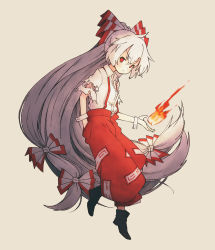 Rule 34 | 1girl, absurdres, ankle boots, bad id, bad pixiv id, black footwear, blush, boots, bow, commentary request, enoki, fire, fire, fujiwara no mokou, full body, hair bow, hand in pocket, highres, light blush, long hair, looking at viewer, outstretched hand, pants, red eyes, red pants, shirt, solo, suspenders, torn clothes, torn sleeves, touhou, very long hair, white bow, white hair, white shirt, wrist cuffs