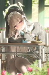 Rule 34 | 1girl, bibi (user egtz4573), blue archive, blush, candle, candlestand, closed mouth, commentary, crossed bangs, desk, flower, frilled sleeves, frills, grey hair, habit, hair between eyes, halo, highres, indoors, leaning forward, long sleeves, nun, pantyhose, purple eyes, sakurako (blue archive), sitting, smile, symbol-only commentary
