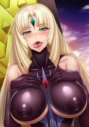 Rule 34 | 1girl, 5ht, between breasts, black bodysuit, black gloves, blonde hair, bodysuit, breasts, cleavage, collarbone, commentary request, covered erect nipples, elbow gloves, fine (symphogear), gloves, hime cut, large breasts, lips, long hair, looking at viewer, saliva, senki zesshou symphogear, shiny clothes, shiny skin, smile, solo, teeth, tongue, tongue out, underboob, yellow eyes