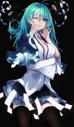 Rule 34 | 1girl, absurdres, animal, black background, black thighhighs, blue jacket, blue skirt, breasts, closed mouth, collar, collared shirt, frog, gohei, green hair, hair between eyes, hands up, highres, jacket, kochiya sanae, long hair, long sleeves, looking at viewer, medium breasts, migata, no headwear, one eye closed, open clothes, open shirt, purple eyes, shirt, simple background, skirt, smile, solo, standing, teeth, thighhighs, touhou, white shirt, wide sleeves