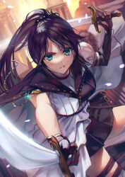 Rule 34 | 1girl, asymmetrical sleeves, black gloves, black skirt, breasts, brown hair, chain, dress, dual wielding, elbow gloves, european architecture, gloves, gold chain, green eyes, grin, highres, holding, holding sword, holding weapon, idolmaster, idolmaster shiny colors, large breasts, looking at viewer, mitsumine yuika, mixed-language commentary, otsudou, parted bangs, pleated dress, pleated skirt, ponytail, scimitar, sheath, skirt, smile, solo, sword, thigh strap, weapon, white dress