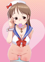 Rule 34 | 10s, 1girl, aged down, blush, breasts, cleavage, condom, condom in mouth, covered erect nipples, hatomugi (mamotan), heart, heart-shaped pupils, highres, idolmaster, idolmaster cinderella girls, looking at viewer, mouth hold, nitta minami, panties, pussy, shiny skin, solo, symbol-shaped pupils, uncensored, underwear