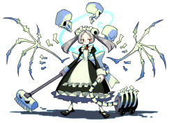 Rule 34 | 1girl, 2013, apron, bloody marie (skullgirls), bow, brooch, dress, exposed bone, frilled apron, frilled dress, frills, grey hair, hair ornament, holding, jewelry, maid headdress, mary janes, red eyes, shoes, skull, skull hair ornament, skullgirls, solo, standing, twintails, vacuum cleaner, white background