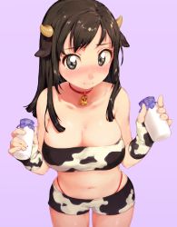 Rule 34 | 1girl, animal ears, animal print, bad id, bad pixiv id, bare shoulders, bell, neck bell, black eyes, blush, bottle, breasts, brown hair, cleavage, collar, collarbone, cow ears, cow girl, cow horns, cow print, cowbell, cowboy shot, fingerless gloves, gloves, highres, holding, horns, large breasts, leaning forward, long hair, milk, milk bottle, minato (haexxxmint), navel, original, shorts, simple background, smile, solo, strapless, sweatdrop, tube top