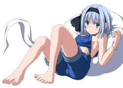 Rule 34 | 1girl, bare arms, bare shoulders, barefoot, black ribbon, blush, bracelet, breasts, collarbone, feet, foreshortening, ghost, ghost-shaped pillow, green eyes, hair ribbon, hairband, hand on own stomach, head tilt, hitodama, jewelry, jpeg artifacts, konpaku youmu, konpaku youmu (ghost), lying, naked overalls, nori tamago, on back, overalls, pillow, ribbon, short hair, sideboob, silver hair, solo, toes, touhou