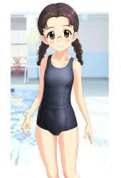 Rule 34 | 1girl, absurdres, black hair, black one-piece swimsuit, braid, brown eyes, collarbone, commentary request, covered navel, cowboy shot, flat chest, forehead, fukuda haru, girls und panzer, glasses, highres, long hair, looking at viewer, one-piece swimsuit, pool, poolside, school swimsuit, solo, standing, swimsuit, takafumi, twin braids, twintails