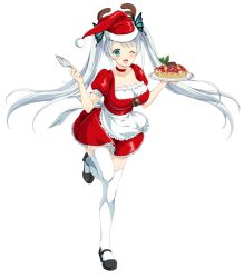 Rule 34 | 1girl, antlers, breasts, butterfly hair ornament, carrying, choker, cle masahiro, cleavage, floating hair, food, fruit tart, full body, green eyes, hair ornament, hat, highres, holding, horns, large breasts, leg lift, long hair, official art, open mouth, puffy sleeves, santa costume, santa hat, sashou urara, short sleeves, skirt, solo, tart (food), thighhighs, transparent background, tray, twintails, valkyrie drive, valkyrie drive -siren-, white hair, white thighhighs, wings