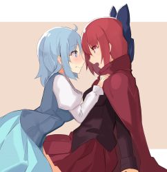 Rule 34 | 2girls, absurdres, ahoge, arm support, beige background, black shirt, blue bow, blue eyes, blue hair, blue skirt, blue vest, blush, bow, breasts, cape, commentary request, eye contact, falken (yutozin), from side, hair between eyes, hair bow, hand on another&#039;s chest, high collar, highres, juliet sleeves, kneeling, long sleeves, looking at another, medium breasts, miniskirt, multiple girls, nose blush, open mouth, pleated skirt, profile, puffy sleeves, red cape, red eyes, red hair, red skirt, sekibanki, shirt, short hair, sidelocks, skirt, tatara kogasa, touhou, two-tone background, vest, white background, white shirt, yuri