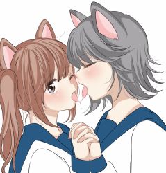 Rule 34 | 2girls, animal ears, blush, brown hair, cat ears, character request, closed eyes, commentary request, french kiss, grey hair, height difference, highres, holding hands, kiss, long sleeves, medium hair, multiple girls, one eye closed, open mouth, saliva, saliva trail, school uniform, shirt, short twintails, simple background, sinogiasa03, tongue, twintails, upper body, white background, white shirt, wolf ears, yuri