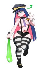 Rule 34 | 1girl, bare shoulders, bat (animal), black shorts, blue hair, breasts, closed mouth, full body, green eyes, hat, highres, large breasts, long hair, multicolored hair, panty &amp; stocking with garterbelt, pink hair, police hat, shiny skin, shorts, simple background, smile, solo, standing, standing on one leg, stocking (psg), striped clothes, striped thighhighs, suspenders, thighhighs, two-tone hair, white background, ytrall