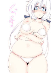 Rule 34 | 1girl, absurdres, bikini, blue eyes, breasts, commentary request, curvy, hair ribbon, highres, konno junko, large breasts, long hair, looking at viewer, low twintails, ma-yu, navel, plump, ribbon, skindentation, solo, swimsuit, twintails, white background, white bikini, white hair, zombie land saga