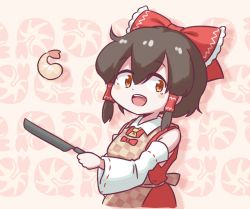 Rule 34 | 1girl, :d, apron, ascot, black hair, bow, brown eyes, checkered apron, checkered clothes, cooking, cropped legs, detached sleeves, food, frying pan, hair bow, hair tubes, hakurei reimu, holding, holding frying pan, looking at viewer, medium hair, notorin, open mouth, red bow, ribbon-trimmed sleeves, ribbon trim, shrimp, shrimp background, shrimp tempura, smile, solo, tempura, touhou, wide sleeves, yellow ascot