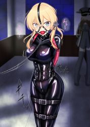 Rule 34 | 2girls, absurdres, alternate costume, anchor hair ornament, aqua eyes, armbinder, arms behind back, ball gag, bdsm, bismarck (kancolle), black bodysuit, blonde hair, bodysuit, bondage, bound, bound legs, breasts, chain, crotch zipper, gag, gagged, gimp suit, hair ornament, harness gag, highres, indoors, kantai collection, large breasts, latex, latex bodysuit, long hair, multiple girls, nkgw, prinz eugen (kancolle), shiny clothes, skin tight, solo focus, standing, twintails, zipper