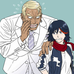 Rule 34 | 10s, 1boy, 1girl, alternate costume, alternate hairstyle, black hair, blonde hair, blue eyes, claptrack, clenched teeth, dress shirt, earrings, formal, gamagoori ira, green background, hand on another&#039;s shoulder, jacket, jewelry, kill la kill, matoi ryuuko, multicolored hair, necktie, nervous, red hair, scarf, shirt, short hair, standing, suit, teeth, two-tone hair, whispering