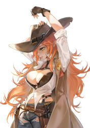 Rule 34 | 1girl, absurdres, ammunition belt, belt, belt buckle, blush, breasts, brown gloves, brown hat, buckle, cleavage, copyright request, cowboy hat, cowboy shot, fingerless gloves, gloves, grey pants, guardian tales, gun, hair over one eye, harness, hat, highres, holster, large breasts, long hair, long sleeves, o-ring, open clothes, open shirt, orange hair, pants, parted lips, sheriff badge, shirt, simple background, smile, solo, torn clothes, torn pants, very long hair, weapon, white background, white shirt, yellow eyes, zuihou de miao pa si