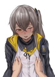 Rule 34 | 1girl, absurdres, black jacket, blush, breasts, brown eyes, covered erect nipples, girls&#039; frontline, grey hair, hair ornament, highres, jacket, kuro (zhurunbo1997), long hair, looking down, nipple stimulation, nipple tweak, one eye closed, open clothes, open jacket, open mouth, saliva, scar, scar across eye, scar on face, shirt, small breasts, solo, ump45 (girls&#039; frontline), white background, white shirt