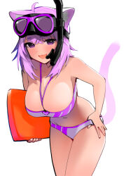 Rule 34 | 1girl, ahoge, animal ear fluff, animal ears, bare shoulders, bikini, blush, breasts, cat ears, cat girl, cat tail, cleavage, dismassd, diving mask, diving mask on head, goggles, goggles on head, hair between eyes, highres, hololive, large breasts, looking at viewer, navel, nekomata okayu, open mouth, purple eyes, purple hair, simple background, smile, snorkel, solo, swimsuit, tail, virtual youtuber, white background
