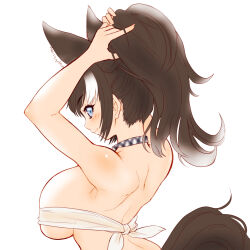 Rule 34 | 1girl, absurdres, animal ears, black hair, blue eyes, blush, breasts, extra ears, fang, grey wolf (kemono friends), hakumaiya, hand in own hair, highres, kemono friends, large breasts, looking at viewer, looking back, multicolored hair, ponytail, simple background, skin fang, solo, tail, two-tone hair, white background, white hair, wolf ears, wolf girl, wolf tail