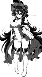 Rule 34 | absurdres, boots, breasts, greyscale, hair between eyes, highres, illya (princess connect!), long hair, momio, monochrome, princess connect!, simple background, solo, split mouth, thigh boots, thighhighs, very long hair