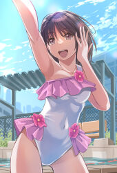 Rule 34 | 1girl, black hair, blue reflection (series), blue reflection ray, blue reflection tie, blue sky, brown eyes, casual one-piece swimsuit, chain-link fence, cloud, commission, covered navel, cowboy shot, fence, frilled one-piece swimsuit, frills, highres, hirahara hiori, nikulas cage, one-piece swimsuit, pixiv commission, shed, short hair, sky, smile, solo, swimsuit, upper body, white one-piece swimsuit