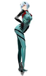 Rule 34 | 10s, 1girl, alternate color, ayanami rei, blue bodysuit, blue hair, bodysuit, breasts, closed mouth, evangelion: 3.0 you can (not) redo, expressionless, from side, full body, gloves, green322, hair between eyes, hair ornament, hands on own hips, headgear, impossible bodysuit, impossible clothes, interface headset, kneepits, leaning forward, legs, long legs, looking away, looking back, looking to the side, md5 mismatch, medium breasts, neon genesis evangelion, pilot suit, plugsuit, rebuild of evangelion, red eyes, resolution mismatch, shadow, shiny clothes, short hair, simple background, skin tight, solo, source larger, standing, tiptoes, turtleneck, white background, white hair