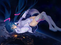 Rule 34 | 1girl, absurdres, boots, breasts, covered navel, earth (planet), gloves, grin, hatsune miku, highres, hoshiineko, jacket, leotard, long hair, looking at viewer, medium breasts, open clothes, open jacket, smile, solo, space, star (sky), thigh boots, thighhighs, thighs, twintails, very long hair, vocaloid, white footwear, white gloves, white jacket, white leotard