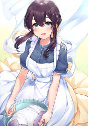 Rule 34 | 1girl, :d, ao no neko, apron, basket, blue eyes, blue shirt, brown hair, commentary request, crossed bangs, fang, folded clothes, grass, hair between eyes, hair ribbon, highres, holding, holding basket, laundry basket, looking at viewer, open mouth, original, ribbon, shirt, short sleeves, skirt, smile, solo, standing, towel, twintails, white apron, yellow skirt