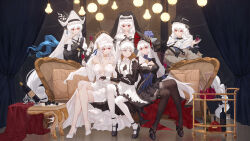Rule 34 | 6+girls, absurdres, alcohol, alternate costume, apron, arknights, black dress, black footwear, black gloves, black headwear, black thighhighs, bottle, breasts, candle, center opening, cleavage, closed mouth, coif, couch, crossed legs, cup, dress, drinking glass, earrings, elbow gloves, enmaided, facing viewer, fingerless gloves, flower, frilled apron, frilled hairband, frills, gloves, grey hair, habit, hairband, hand on own chin, hat, hat flower, high heels, highres, holding, holding cup, indoors, irene (arknights), irene (voyage of feathers) (arknights), jewelry, juliet sleeves, large breasts, long hair, long sleeves, looking at another, maid, mary janes, multiple girls, nun, official alternate costume, on couch, pantyhose, puffy sleeves, red eyes, sflr, shoes, sitting, small breasts, specter (arknights), specter the unchained (arknights), specter the unchained (born as one) (arknights), thighhighs, very long hair, white apron, white dress, white footwear, white gloves, white hair, white headwear, white pantyhose, wine, wine bottle, wine glass