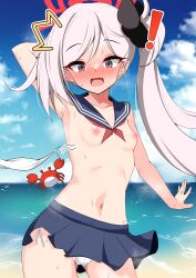 Rule 34 | !, 1girl, :d, arm behind back, arm behind head, arm up, armpits, assisted exposure, beach, bikini, unworn bikini top, bikini under clothes, blue archive, blush, breasts, day, embarrassed, fang, halo, highres, long hair, looking at viewer, mamiyahara hitoshige, midriff, miniskirt, mutsuki (blue archive), navel, neckerchief, nipples, ocean, open mouth, outdoors, pleated skirt, red neckerchief, sailor collar, school uniform, serafuku, side-tie bikini bottom, side ponytail, skirt, small breasts, smile, solo, standing, surprised, swimsuit, upskirt, very long hair, white bikini