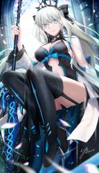 Rule 34 | 1girl, black bow, black dress, black footwear, blue eyes, boots, bow, braid, breasts, center opening, cleavage, dress, fate/grand order, fate (series), french braid, grey hair, hair bow, highres, large breasts, long hair, long sleeves, looking at viewer, morgan le fay (fate), pelvic curtain, ponytail, sidelocks, sitting, solo, staff, thigh boots, thighs, tiara, two-tone dress, very long hair, white dress, wide sleeves, yipaint