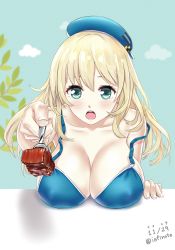 Rule 34 | 10s, 1girl, atago (kancolle), beret, bikini, blonde hair, blue bikini, blush, breast rest, breasts, cleavage, collarbone, date pun, dated, feeding, food, foreshortening, fork, good meat day, green eyes, hat, incoming food, infinote, kantai collection, large breasts, long hair, looking at viewer, meat, meat day, number pun, open mouth, outstretched arm, pov feeding, solo, strap slip, swimsuit, translated, twitter username