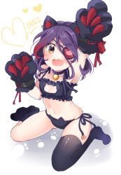 Rule 34 | 1girl, animal ear hairband, animal ears, animal hands, arm up, armpits, asymmetrical legwear, bare shoulders, bell, black bra, black choker, black pantyhose, black socks, black thighhighs, blush, bra, breasts, brown eyes, cat cutout, cat ear hairband, cat ear panties, cat ears, cat lingerie, character name, chocho (homelessfox), choker, cleavage cutout, clothing cutout, collarbone, dot nose, eyepatch, fake animal ears, fang, footprints, frilled bra, frills, full body, gloves, hair between eyes, hairband, hand up, hayasaka mirei, heart, idolmaster, idolmaster cinderella girls, idolmaster cinderella girls starlight stage, jingle bell, looking at viewer, meme attire, midriff, multicolored hair, navel, neck bell, open mouth, panties, pantyhose, paw gloves, purple hair, red hair, short hair, shy, side-tie panties, single thighhigh, sitting, small breasts, socks, solo, streaked hair, thighhighs, two-tone gloves, two-tone hairband, underwear, underwear only, uneven legwear, wariza, wavy hair