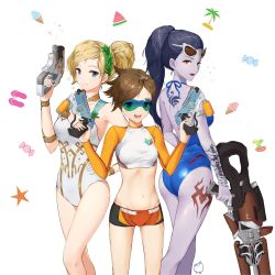 Rule 34 | 3girls, absurdres, ass, bare shoulders, blonde hair, blue eyes, blue one-piece swimsuit, breasts, brown eyes, brown hair, collarbone, colored skin, commentary, eyewear on head, from side, gun, hair ornament, highres, holding, holding gun, holding weapon, long hair, long sleeves, looking at viewer, medium breasts, mercy (overwatch), multiple girls, navel, one-piece swimsuit, overwatch, overwatch 1, ponytail, purple hair, purple skin, red lips, saemoy, short hair, shorts, smile, spiked hair, sunglasses, swimsuit, tracer (overwatch), water gun, weapon, white one-piece swimsuit, widowmaker (overwatch), yellow eyes