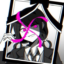 Rule 34 | 1girl, bad id, bad twitter id, chabashira tenko, coattails, collared jacket, collared shirt, commentary request, commission, danganronpa (series), danganronpa v3: killing harmony, diagonal-striped clothes, diagonal-striped necktie, eyelashes, gradient background, grey background, greyscale, hair ornament, hair scrunchie, holding, holding frame, iei, jacket, long hair, long sleeves, looking at viewer, low twintails, monochrome, necktie, open clothes, open jacket, open mouth, pink eyes, school uniform, scrunchie, shirt, simple background, smile, solo, spot color, striped clothes, twintails, upper body, v-neck, vest, waka (wk4444)