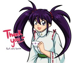 Rule 34 | 1girl, breasts, cup, enno chiaki, gurinnpop, heart, holding, holding cup, japanese clothes, kishin douji zenki, long hair, long sleeves, looking at viewer, miko, open mouth, purple hair, solo, twintails, white background