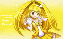 Rule 34 | 10s, 1girl, blonde hair, bow, brooch, character name, choker, crazypen, cure peace, double v, dress, electricity, english text, hair flaps, jewelry, kise yayoi, long hair, magical girl, open mouth, pika pika pikarin jankenpon, ponytail, precure, ribbon, skirt, smile, smile precure!, solo, text focus, tiara, v, wrist cuffs, yellow background, yellow bow, yellow dress, yellow eyes, yellow skirt, yellow theme