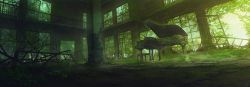 Rule 34 | commentary request, day, grand piano, highres, indoors, instrument, mocha (cotton), moss, no humans, original, overgrown, piano, piano bench, pillar, plant, railing, ruins, scenery, window