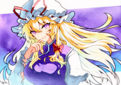 Rule 34 | 1girl, blonde hair, breasts, dress, hair between eyes, hat, hat ribbon, highres, large breasts, long hair, long sleeves, mob cap, open mouth, protected link, purple eyes, qqqrinkappp, red ribbon, ribbon, solo, tabard, touhou, traditional media, upper body, white dress, white hat, wide sleeves, yakumo yukari