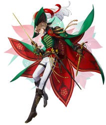 Rule 34 | 1boy, absurdres, black footwear, black gloves, boots, coat, dagger, dual wielding, feathers, full body, glint, gloves, green coat, green headwear, hat feather, highres, holding, holding dagger, holding knife, holding sword, holding weapon, knife, long sleeves, looking at viewer, male focus, original, pants, parted lips, profile, red feathers, rinotuna, shadow, smile, solo, sparkle, standing, sword, unsheathed, weapon, white feathers, white pants